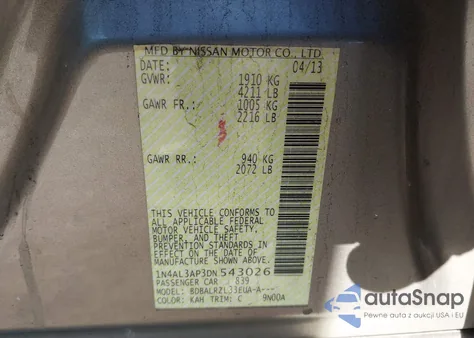 2013 Nissan Altima 2.5 S from USA, damaged, VIN 1N4AL3AP3DN543026